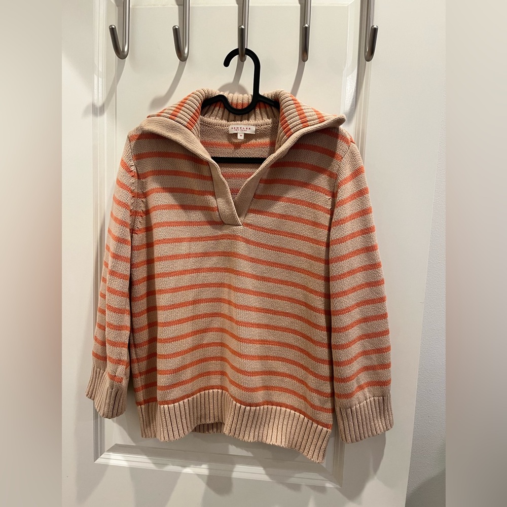 Striped Beige and Coral Knit Sweater with Polo Collar